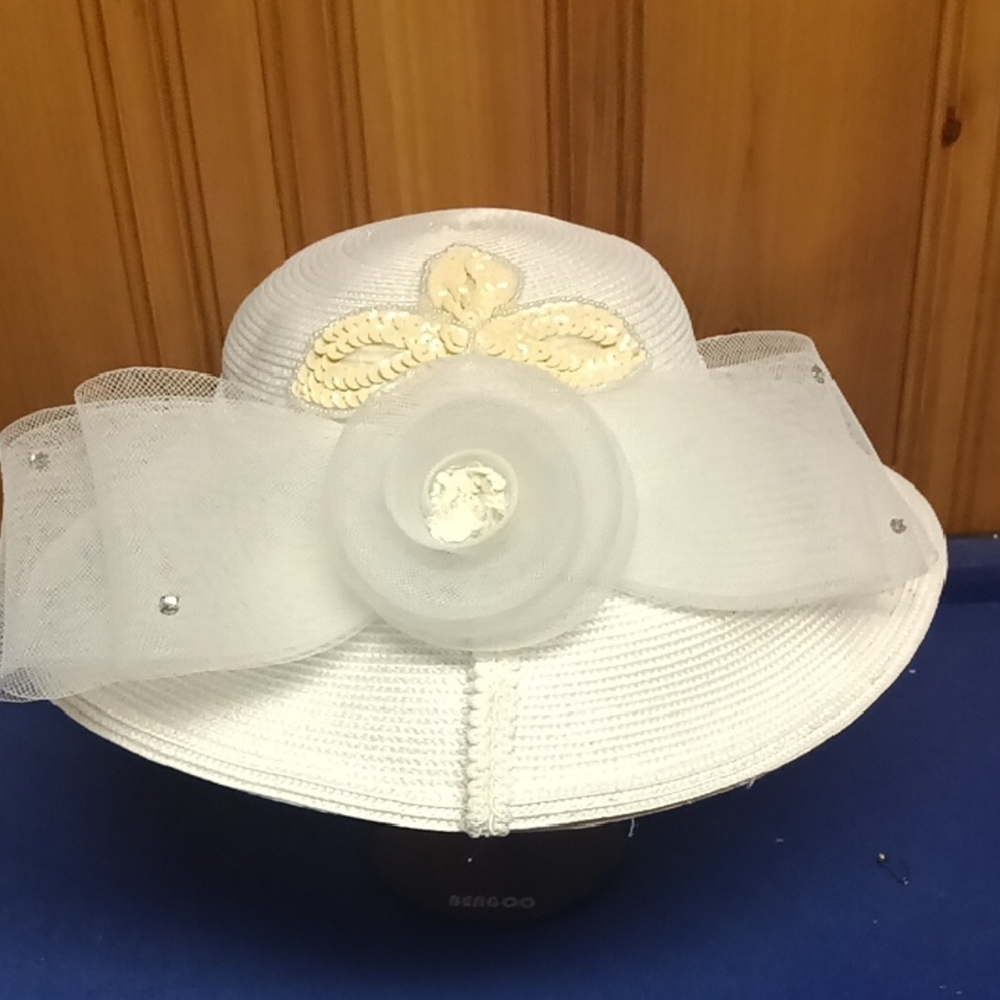 Chic White Hat with Gold Embellishments